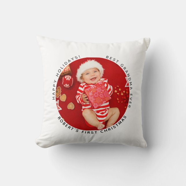 Coussin Premier Noël Vacances bébé photo grand-mère person (Recto)