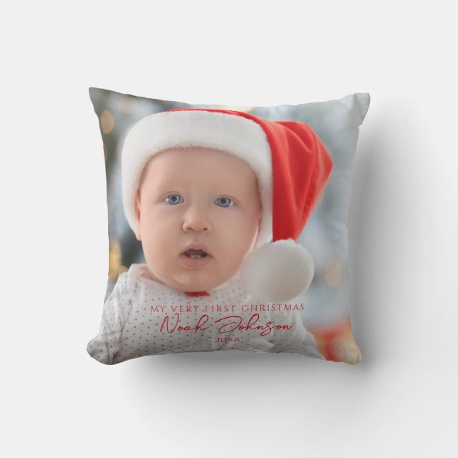 Coussin Première photo de Noël du bébé mignon blanc (Recto)