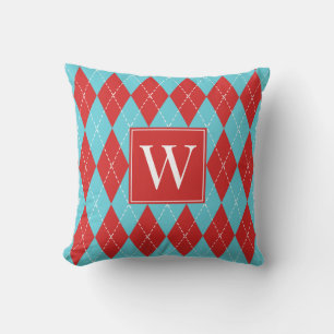 Coussin Préparation Argyle Brodé Main – Rouge & Turquoise