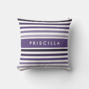 Coussin Preppy Grand Motif rayé avec nom en violet