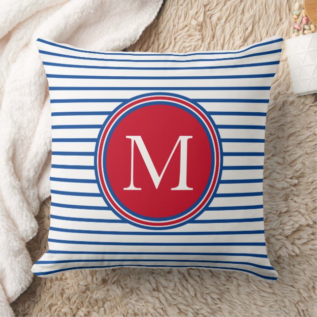 Coussin Preppy Nautical Rouge blanc et bleu rayure Monogra (Couverture)