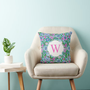 Coussin Preppy Palm Beach Imprimer rose vert floral Monogr