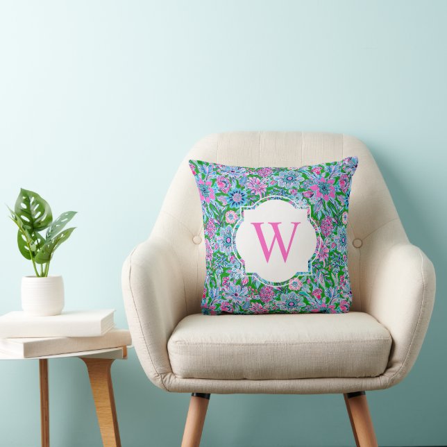 Coussin Preppy Palm Beach Imprimer rose vert floral Monogr (Chaise)
