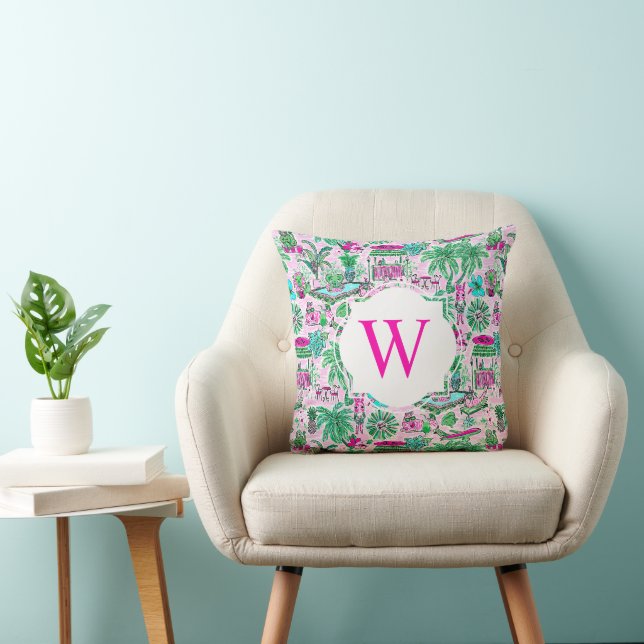 Coussin Preppy Palm Beach rose vert Vacances Monogramme (Chaise)