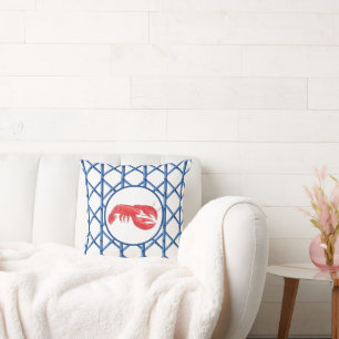 Coussin Préppy Rouge Homard bleu Trellis Bamboo Motif
