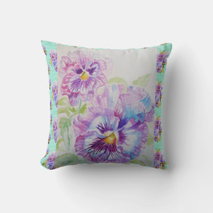 Coussin Pretty Pansy Aquarelle Peinture Aqua Cushion