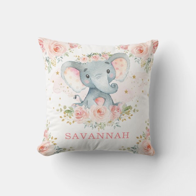 Coussin Pretty Rose Blush Elephant Baby Girl Nursery (Recto)