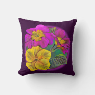 Coussin Primula violet jaune & rose fine art jeter oreille