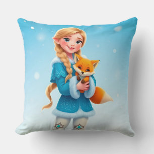 Coussin Princesse élégante d'hiver tenant un renard mignon