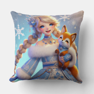 Coussin Princesse élégante d'hiver tenant un renard mignon
