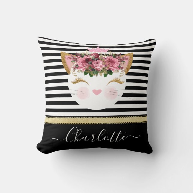 Coussin princesse rose en or kitty noir blanc lignes  (Recto)