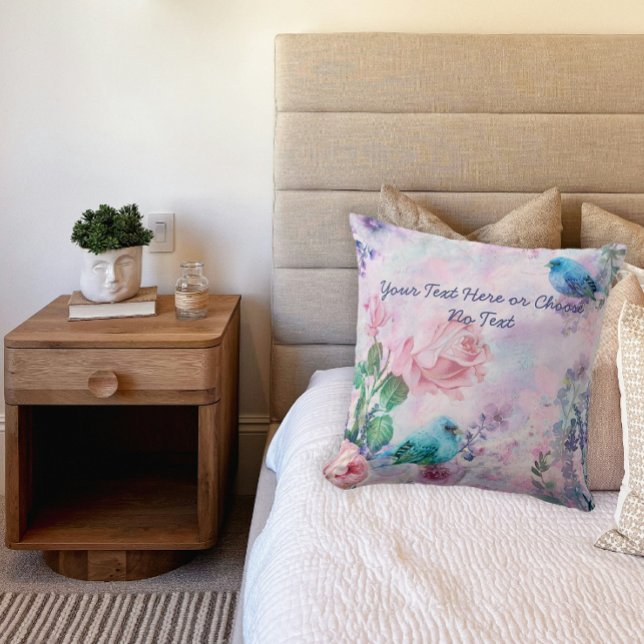 Coussin Printemps Floral Rose Blue Birds Pastel Pink Garde (Créateur téléchargé)