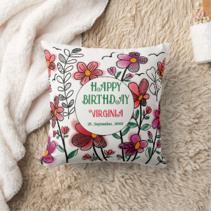 COUSSIN PRINTEMPS UNIQUE ROUGE DOODLE FLEURS ANNIVERSAIRE