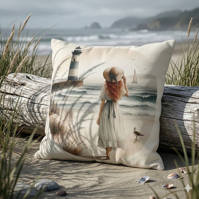 Coussin Promenade au phare côtier (Seaside Lighthouse Stroll Throw Pillow Mockup B)