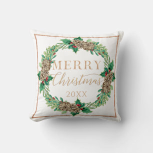 Coussin Proposition de Noël Couronne rouge verte feuillage
