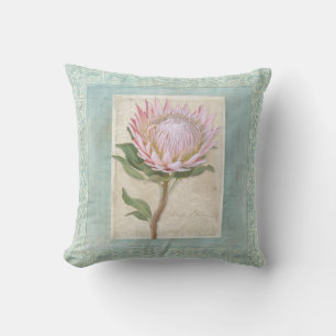 Coussin Protea rose floral moderne vintage élégant bleu
