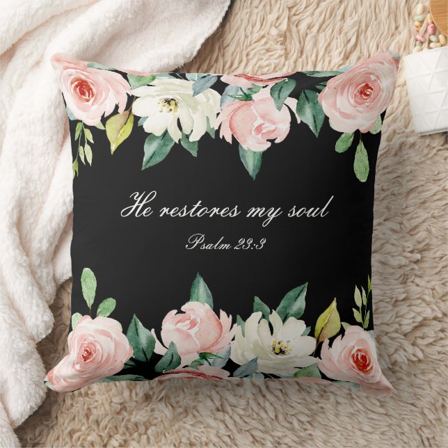 Coussin Psaume 23:3 Il rétablit mon âme Bible Verse & Rose (Couverture)
