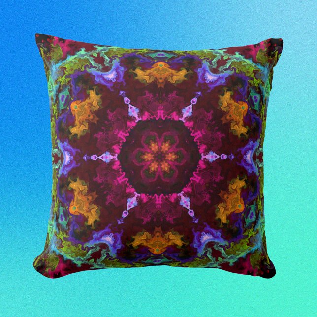 Coussin Psychédélique Mandala Fleur violet orange et vert (Créateur téléchargé)