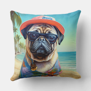 Coussin Pug sur la plage, cadeau d'été pour amateur de chi