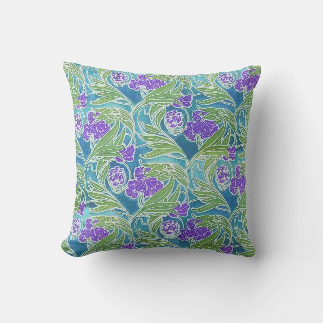 COUSSIN PURPLE FLEUR DE LIS, VERT FEUILLE AQUA BLEU FLORAL (Recto)
