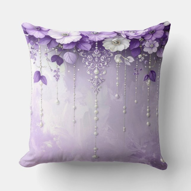 Coussin Purple Flowers with Dangling Pearls Throw Pillow (Recto)