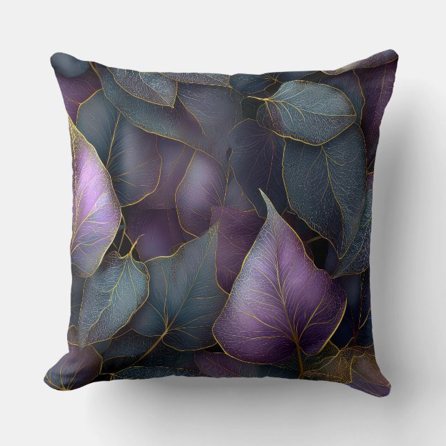 Coussin Purple Gold Botanical Leaves Throw Pillow (Recto)