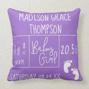 Coussin Purple keepsaké Personnalisé Baby Girl Birth Stat