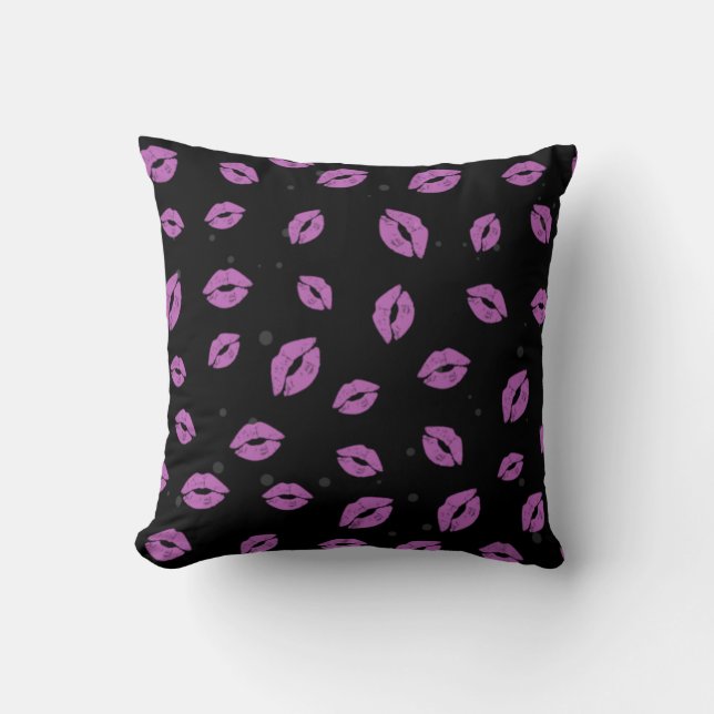 Coussin Purple Lipstick Kisses on Black Background Pattern (Recto)