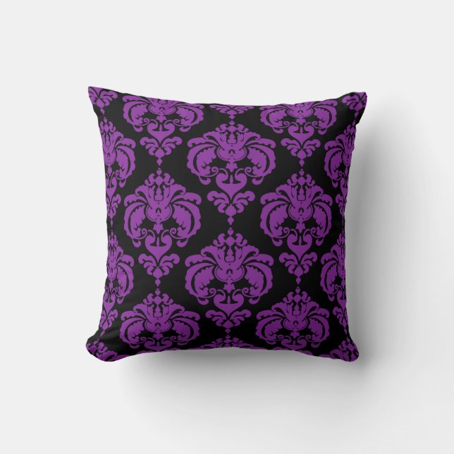 Coussin Purple & Noir Damask Chic Moderne Motif élégant (Recto)