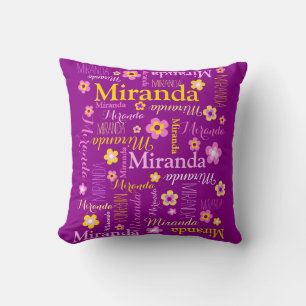 Coussin Purple rose jaune filles Miranda nom personnalisé