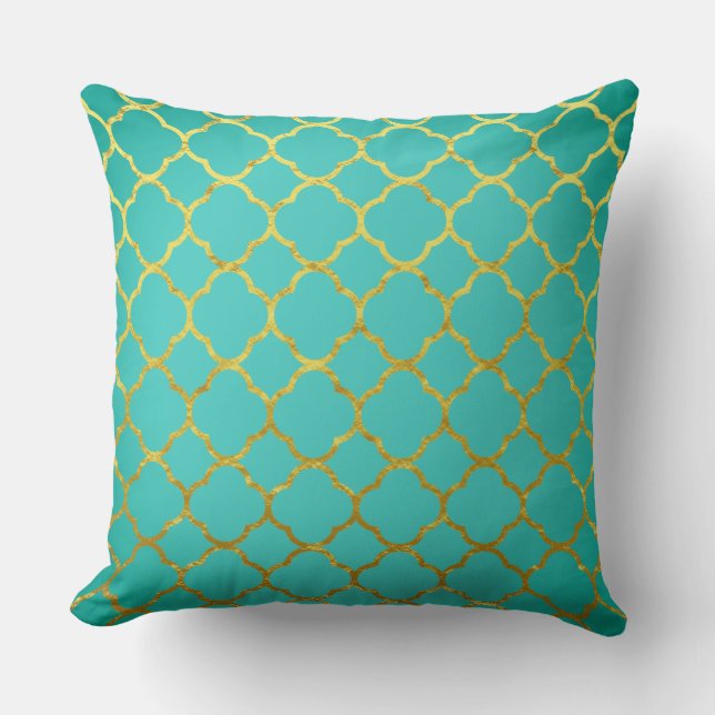 Coussin Quatrefoil Gold Motifs Turquoise Blue Seafoam Latt (Recto)