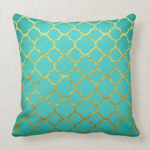 Coussin Quatrefoil Gold Motifs Turquoise Blue Seafoam Latt