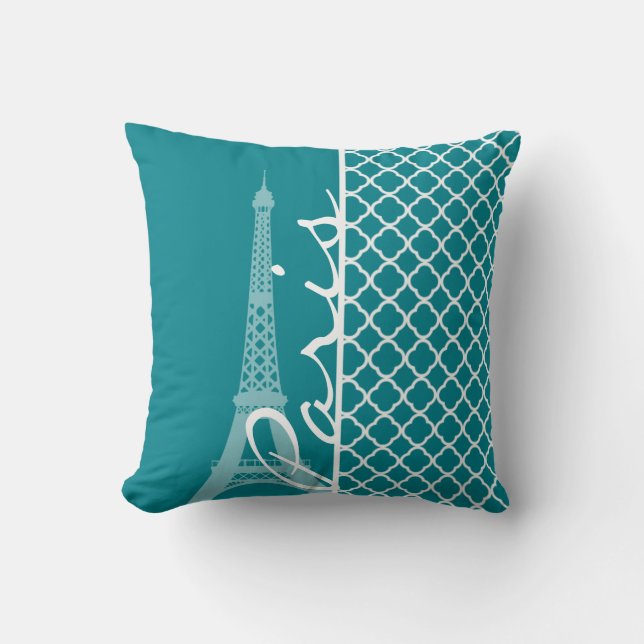 Coussin Quatrefoil Turquoise foncé ; Tour Eiffel, Paris (Recto)