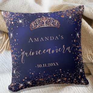 Coussin Quinceanera bleu rose or tiara nom script
