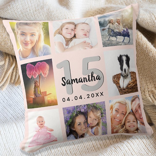 Coussin Quinceanera rose or personnalisé photo collage (Créateur téléchargé)