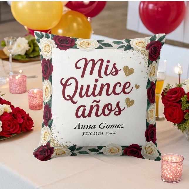 Coussin Quinceanera Rose rouge Personnalisée Mis Quince An (Créateur téléchargé)