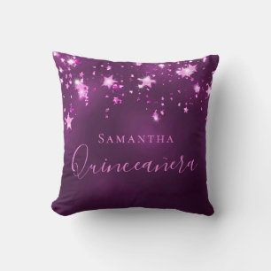 Coussin Quinceanera rose violet monogramme nom pétillant