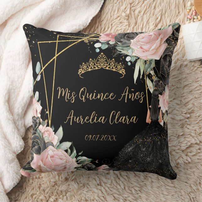 Coussin Quinceañera Rosée Noire Florale Rosée Robe fille P (Couverture)