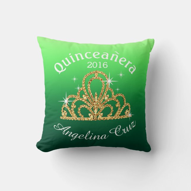Coussin Quinceanera Tiara Bokeh Bling| vert foncé (Recto)