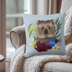 Coussin Quokka Happy Australie Floral Bleu