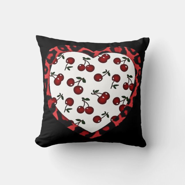 Coussin RAB Rockabilly Cherries Coeur Empreinte de léopard (Recto)