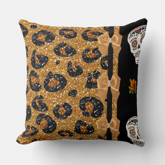 Coussin RAB Rockabilly Gold Leopard Print Sugar Skulls (Recto)
