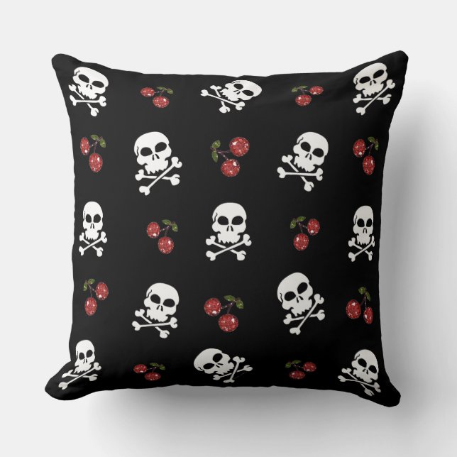 Coussin RAB Rockabilly Skuls et Cerises sur Noir (Recto)