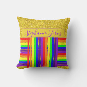 Coussin Rainbow Color Stripes Gold Parties scintillant Nom