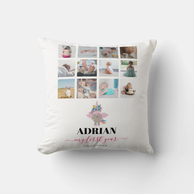 Coussin Rainbow Unicorn Baby Girl First Year Photo Collage (Recto)