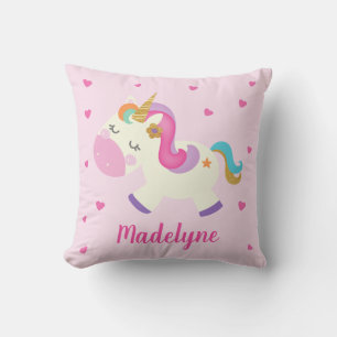 Coussin Rainbow Unicorn Hearts Personnalisé rose
