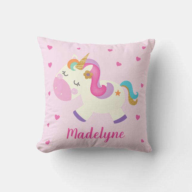 Coussin Rainbow Unicorn Hearts Personnalisé rose (Recto)