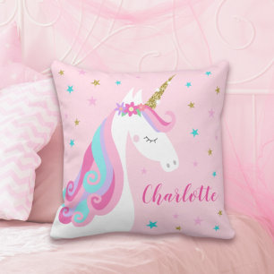 Coussin Rainbow Unicorn Parties scintillant magique rose