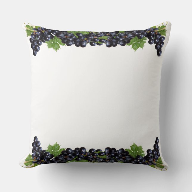 Coussin Raisins bleu violet avec Feuilles verts sur blanc (Recto)