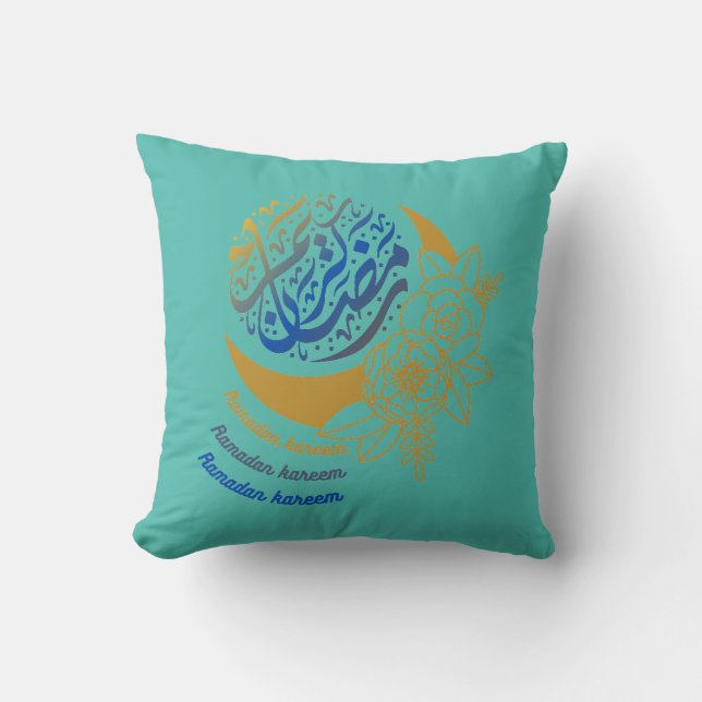 Coussin Ramadan Kareem Calligraphie Croissant Lune Fleurs (Recto)